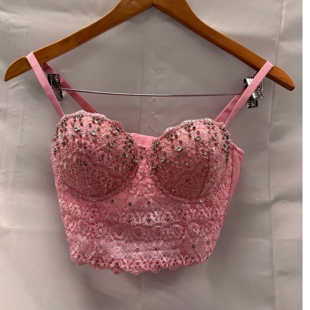 Y2K Reigning Lace Bustier Top Baby Pink Rhinestone Embellished‎ Beaded